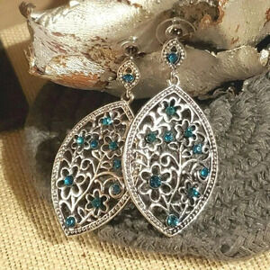 Vintage Marquise Blue Rhinestone Silver Filigree Earrings